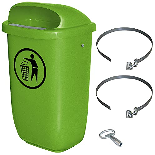 BRB Abfall-Behälter für den Außenbereich, Inhalt 50 Liter, nach DIN 30713, im Komplettset mit Schellenband zur Pfahlbefestigung