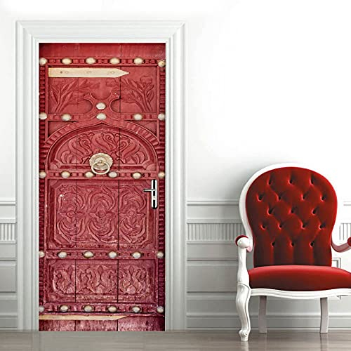 A.Monamour Türtapete Selbstklebend Türfolie Türposter 3D Alte Alte Rote Holztür Vinyl Folie Türdeko Tapete Wandbild Türaufkleber Türtattoo 90 x 200 cm
