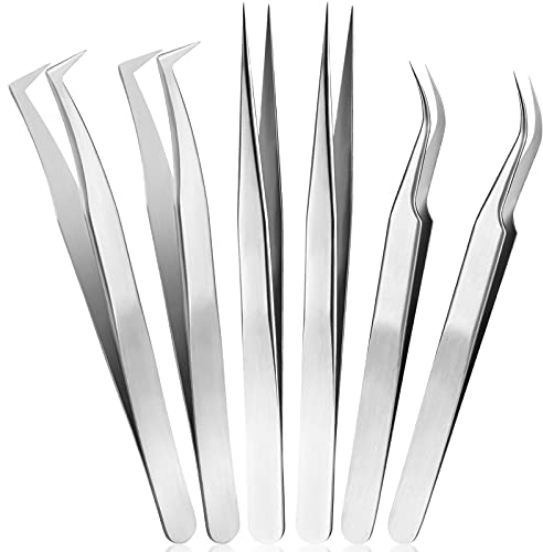 6 pinze per depilare estensioni per ciglia, dritte e curve in acciaio inox, volume individuale, pinzette di isolamento (argento)