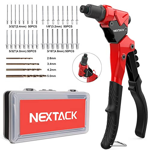 NEXTACK Nietpistolen-Set, robuste Pop-Nietpistole mit 360-Grad-Drehkopf für engen Raum, 4 HSS-Bohrer, 200 verschiedene Nieten und 4 Nasenstücke in organisierter, robuster Tragetasche NT200