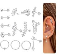 Milacolato 14St Piercing Ohr Chirurgenstahl 16G Ohrknorpel Piercing Tragus Helix Zirkonia Mond Schlange Ohrstecker Set CZ Septum Segmentring Clicker Ohrpiercing Schmuck Silber