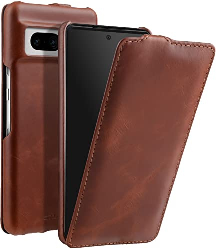 STILGUT UltraSlim kompatibel mit Google Pixel 7 Hülle - Pixel 7 Flip Case aus Leder, Klapphülle, Handyhülle, Lederhülle - Cognac