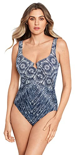 Miraclesuit Women's Swimwear Slimming Escape Underwire Molded Cup Bra Tummy Control One Piece Swimsuit, Midnight Blue/White, 10