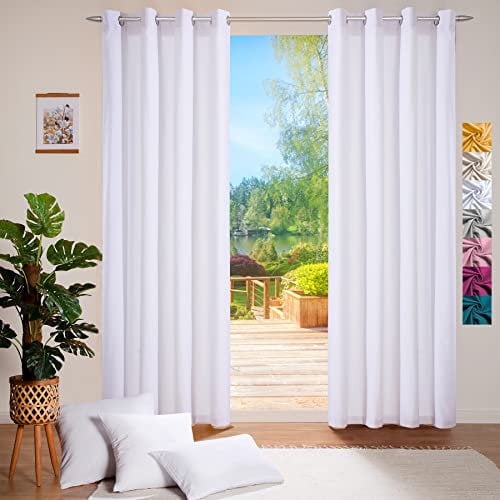 heimtexland ® Deko Vorhang Baumwolle Dekoschal Blickdicht Einfarbig Ösenschal Gardine Typ849 Weiß HxB 245x140 cm