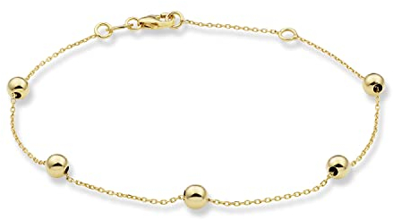 MIORE Kugel Armband für Damen aus 9k 375 Gelbgold Hochglanz 5 Kugln (4 x 4) Ankerkette mit Federringverschluss 18.5 cm lang