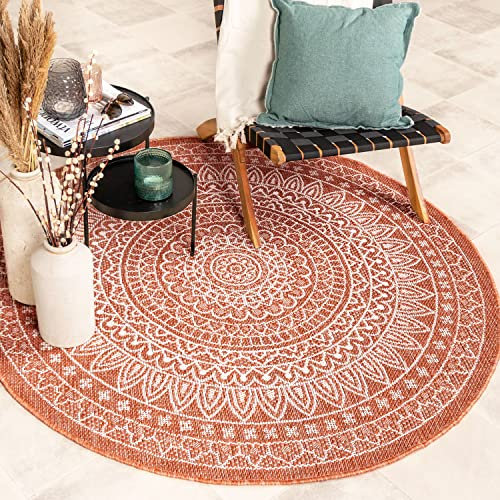 FRAAI | Home & Living In- & Outdoor Teppich Rund - Summer Azteca Terracotta - Wetterfest - Polypropylen - Flachgewebe - Balkon, Garten/Terrasse - Terrasse - Rug