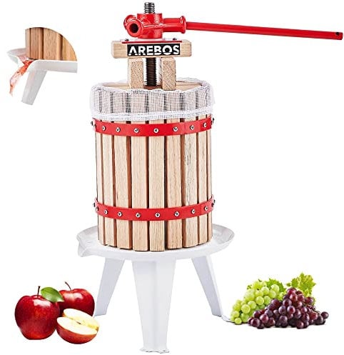 Arebos Obstpresse 6L | Manuelle Saftpresse I Beerenpresse inkl. Presstuch, Druckplatte und Metallspindel I Für jegliche Arten von Saft & Gemüse