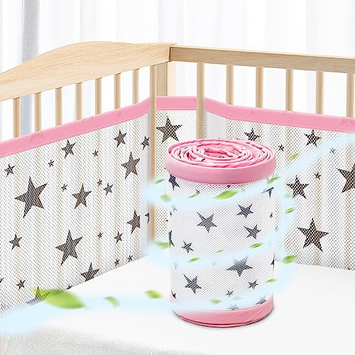 WYSWYG® Baby Nestchen Bettumrandung Babybett Umrandungen 70x140 cm Kinderbett - Hochwertiges Mesh Atmungsaktives Beistellbett - Gitterschutz Crib Schutz vor Einklemmen - Stern Muster Rosa