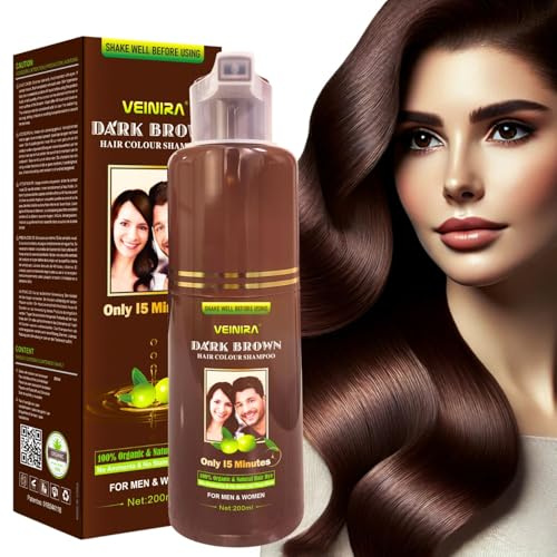 VEINIRA Herbal Quick Hair Colour Shampoo: Effortless Instant Dye for Men and Women, 100% Natural Ingredients, No Ammonia, No Skin Stains, Speedy Application - 200ml (Dark brown)