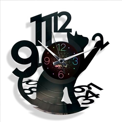 DISCOCLOCK FELIX - Leise und einfach zu montierende Vinyl-Uhr - Moderne Wanduhr für Küche, Salon. Geschenkidee für Katzenliebhaber und Tierliebhaber … (holografisches Zifferblatt)