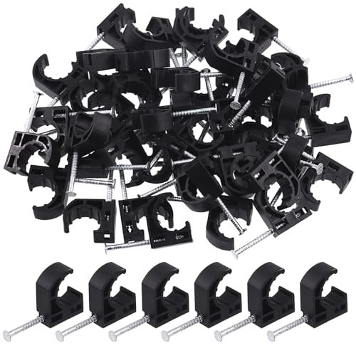 Swpeet 50Pcs Black Color Half Clamp J-Hook with Nail Assortment Kit, Plastic Small J Clamps Half Clamp Fixture, Cable Tacks Pex Hangers Ideal for 1/2 PEX Tubing Pipe Support