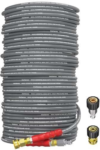 Heliwoo Hochdruckreiniger-Schlauch, 45,7 m, 4200 PSI, 1/4 Zoll, knickfester Hochdruckreiniger-Verlängerungsschlauch, flexibler robuster Ersatzschlauch, kompatibel mit M22 14 mm Armaturen, hochfestes