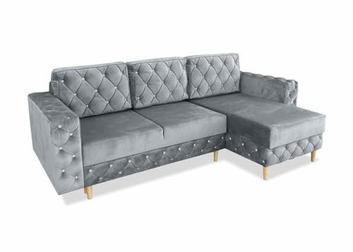 Ares Meble Gepolstertes Ecksofa Delux mit Schlaffunktion und Bettzeugcontainer - Kleine Sofa - Relaxsofa 3 Sitzer - Big Sofa mit Schlaffunktion - Sofa Wohnzimmer - Schlafsofa 140x200 Sonoma - Hellgrau