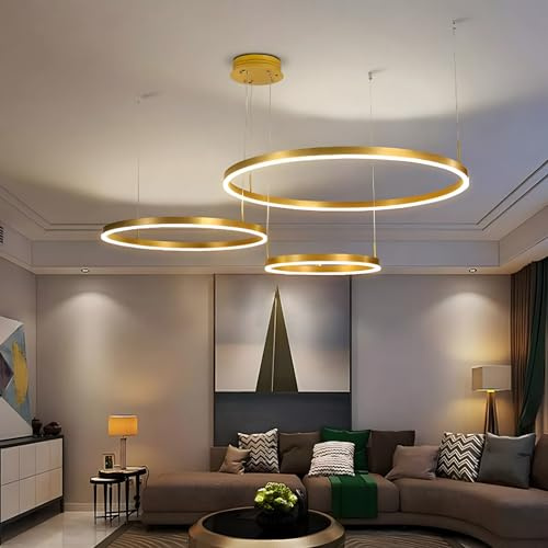 YYUTLUO Moderner DIY-Kreis-LED-Kronleuchter | 3 Golden Goldringe:40+60+80cm=90W | LED-Pendelleuchte aus Metall+Acryl | 2,4 G Dimmbare Fernbedienung | Runde Decken-Hängelampe Wohnzimmer Schlafzimmer