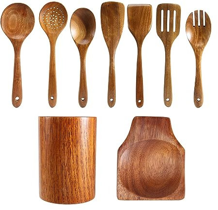 FutureHight 9 pezzi di in legno per cucinare, utensili in legno per cucinare con porta utensili, set di utensili da cucina in legno di teak