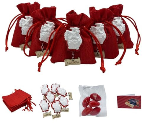 Doni Bomboniere Set Bomboniere Laurea 12 Sacchetti Juta Rosso Portaconfetti 12 Applicazioni Gufetto Laurea Pergamena Tocco 12 Bustine Confetti MAXTRIS 12 Bigliettini Festa Regalo Celebrazione Gadget