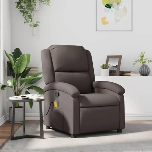 Gecheer Massagesessel, Relaxsessel, neigbar, mit Fußstütze, aus echtem Leder, Dunkelbraun, 71 x 86,5 x 99,5 cm, Sessel für Senioren, Fernsehsessel, Relaxsessel, Liegestuhl, Loungesessel