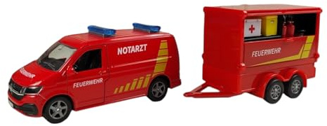 Kids Globe VW Transporter Feuerwehr mit Anhänger DE Die Cast Pull Back 27,5cm, Spielzeug für Kinder, 520321, Rot