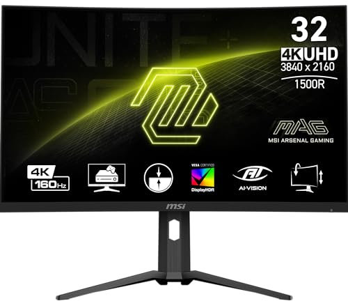 MSI MAG321CUP 32-inch 3840 x 2160 (UHD), VA, 4K Gaming Monitor 160Hz, Adaptive Sync, 1ms, HDMI, Display-Port, VESA Mountable, Tilt, Black