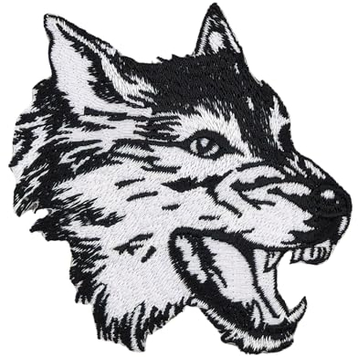 Wolf Kopf Schwarz Weiß Aufnäher zum aufbügeln oder aufnähen Bügelbild Aufbügler für Kleidung gestickter Bügelpatch Applikation Hund Patch Größe 7,7 x 7,8 cm