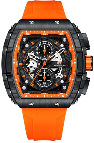 rorios Analog Quarz Armbanduhren Tonneau Herrenuhren Mode Multifunktional Uhr Punk Chronograph Uhren für Männer mit Silikon Armband für Herren Orange