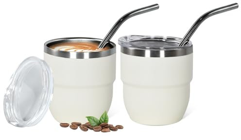 4oz Stackable Cup, Vacuum Insulated Espresso Cup Set of 2, Espresso Shot Glass for Coffee, Double Wall Stainless Steel Mini Tumbler Shot Glasses with Straw and Lid