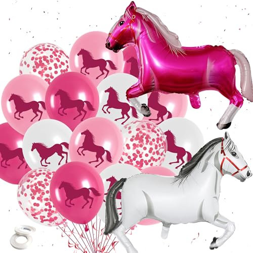 Pferde Deko Geburtstag Luftballon Mädchen - 55 Stück Rosa Pferde Förmige Folienballons Latexballons und Konfetti Ballons, Cowgirl Geburtstagsdeko, Pferde Party Deko Kindergeburtstag Babyparty
