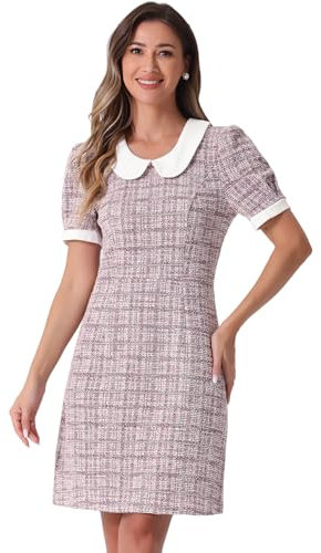 Allegra K Robe en Tweed Femme A-Ligne Col Claudine Manches Courtes Bouffantes Mini-Robe Trapèze à Carreaux Rose Blanc XL