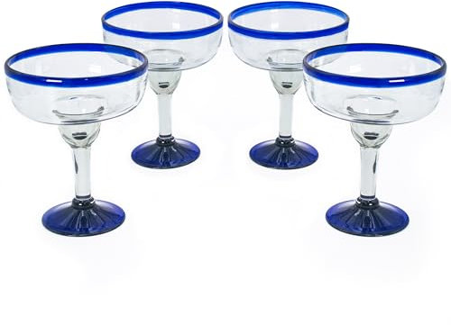 Large Hand-Blown Mexican Margarita Glasses | Authentic Handcrafted Glass From Mexico | Cobalt Blue Rim | Party Set, Perfect for Margaritas, Piña Coladas, Frozen Cocktails, or other Mixed Drinks (4)