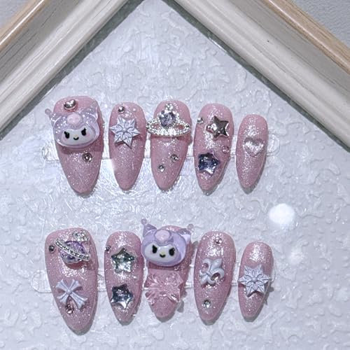Handmade Press On Nails Short MouyouGlow, Almond Kawaii Cute Pink 3D MyMe Lody Kitty Carton Planet Charms Bow Aestheitc Resuable Fake Nails, Handmade Artificial Fingernails, 10 Pieces (95-S Size)