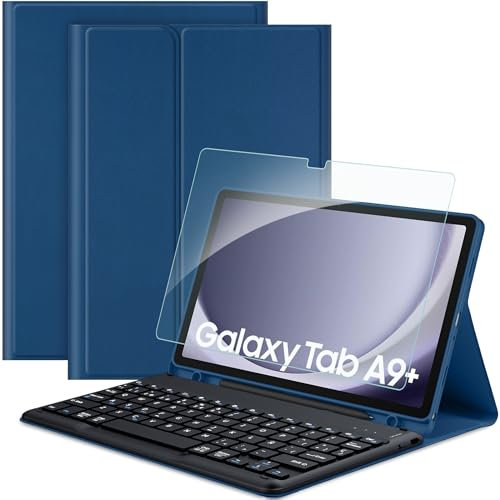 EasyAcc Funda con Teclado Compatible con Samsung Galaxy Tab A9+ 11 Pulgadas 2023 con Película Protectora Español, SM-X210/X216/X218, Funda Protectora para Teclado Extraíble con Portalápices, Mar Azul