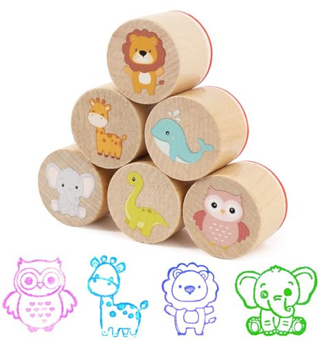 BOOMTOP 6Pcs Stempel Holz Tiere Holzstempel zum Basteln Kinder Motivstempel Set Rund Klein Stempelset Löwe Dinosaurier Eule für Kartenbasteln Scrapbooking Bullet Journal Geschenkverpackung