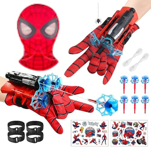 JIEBAO 2 Set Spiderm Launcher Handschuh, Kids Spiderm Hero Handschuhe, Super Spiderm Launcher, Spiderm Launcher Handschuh, Spiderm Handschuhe mit Maske und Aufkleber, Geschenk für Kinder Fans
