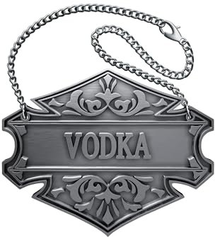 1PC Decorative Liquor Decanter Tag, 2.6 x 2 inches, Antique Silver, Vodka Bottle Label with Adjustable Chain