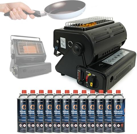 Eurocatch Radiateur soufflant & réchaud à gaz - incl. 12 bouteilles de gaz - Cuisinière à gaz - Chauffage - Réchaud de camping - Chauffage de terrasse - Brûleur - Plaque vitrocéramique