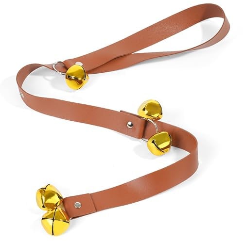 Leather Dog Bells Toilet Training, Dog Doorbell for Door and Puppy Training - Durable Dog Door Bell with Festive Sleigh Bell Sound, Adjustable Length & Antique Gold Bells (Brown Leather)