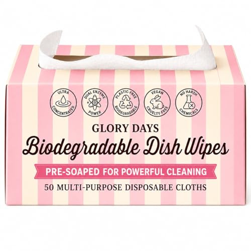 Glory Days Biodegradable Dish Wipes - 50 Count Pre-Soaped Plant-Based Cloths for Travel Camping & Everyday Use Eco-Friendly & Vegan