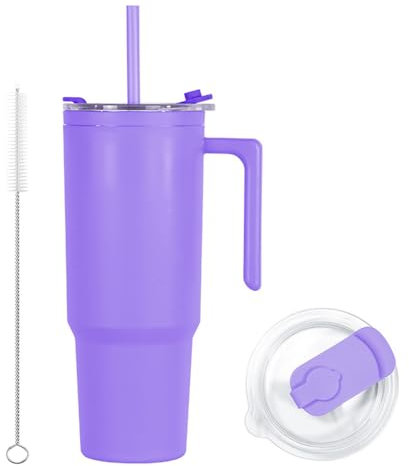 40oz Reusable Plastic Insulated Tumblers with Handle and Straw, Double Wall Tumbler with Lid, Cup Holder Friendly Travel Mug for Cold Drinks, Sand ice, Purple