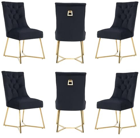 Life Interiors Ambra Modern Velvet Dining Chair – Black Tufted Accent Chair with Gold Legs & Ring Handle - Ideal for Dining Room Living Room Restaurants