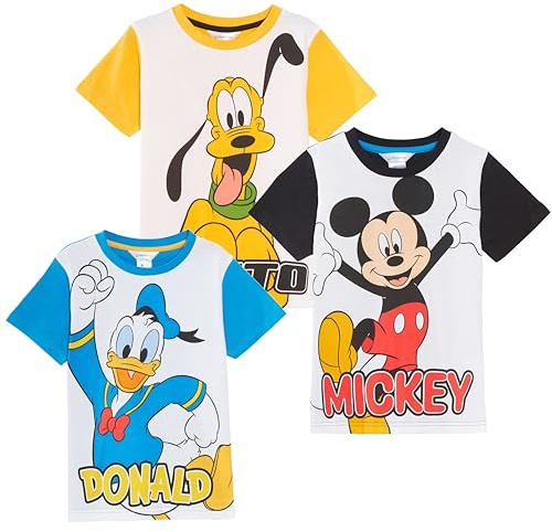 Disney Kids 3 Pack Classic T-Shirts Mickey Mouse Goofy Donald Dress Up Top Girls Boys Cotton Summer Tees