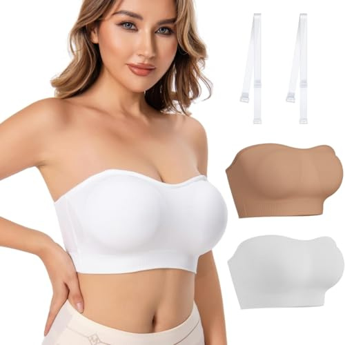 2 Stück Bandeau BH Damen Trägerloser BH Push Up Bustier Top ohne Bügel Schulterfrei Bra Tube Top mit Rutschfester Silikon Transparente Träger Weiß+Beige M
