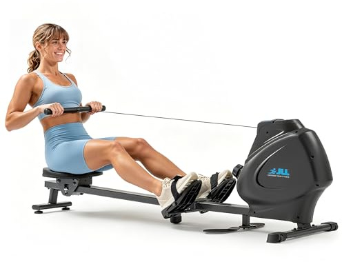 JLL Folding Rowing Machine for Home Gym with Quiet Magnetic Resistance | Free SunnyFit APP, Standing Footplates for Upper Body Strength Training, 16-Lvl Resistance, Easy Storage, Bottle Holder
