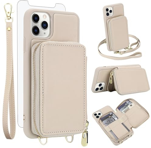 Phone Case for iPhone 11 Pro Max 6.5 Wallet Cell Cover with Tempered Glass Screen Protector Crossbody Strap Lanyard RFID Blocking Credit Card Holder iPhone11 11pro Promax i XI Plus Women Girls Beige
