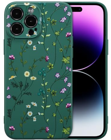 RALEAVO Flower Case for iPhone 14 Pro, Liquid Silicone Shockproof Protection Case Cover for Girls Women with Aesthetic Cute Floral Patterns Soft Slim Phone Case for iPhone 14 Pro 6.1-Dark Green
