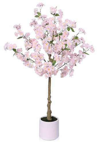 VeriNatural Kirschblütenbaum Künstlich Kunstpflanze 120cm Fake Plant Kunststoffpflanzen Künstlicher Pflanzen – 72 Blätter & 288 Blume Weiß Topf – Deko für Wohnzimmer Balkon Büro