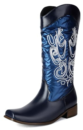Generico Donna Punta Quadrata Stivali Lunghi con Ricamo Cuciti Tacco A Blocco metà Polpaccio Stivali Pelle PU Stival Western da Cowboy,Blu,41 EU