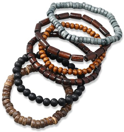 fKiZanthene Beaded Bracelets for Men Six Piece Handmade Wooden Bead Stretch Bracelets for Daily Wear and Office Use