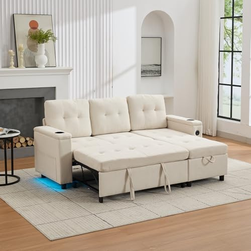 Merax L Shaped Sofa Bed, 3 Seater Pull Out Sofa Bed with USB & LED Lights, Corner Sectional Couch with Cup Holders & Side Pockets, Convertible Sleeper Sofa for Living Room Apartment, Beige