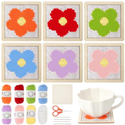 INFUNLY 6 Set Flower Wooden Coaster Needlepoint Kit 3.9x3.9 Floral Mug Rug Making Kit DIY Spring Cross Stitch Kit Boho Tulip Punch Needle Coasters for Table Decor Festival DIY Gifts