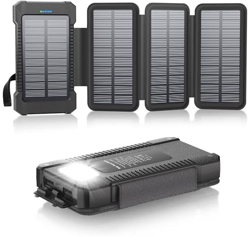Banca di energia solare da 26800 mAh con 4 pannelli solari, batteria portatile USB-C a ricarica rapida per telefoni, batteria esterna impermeabile IPX7 con torcia elettrica